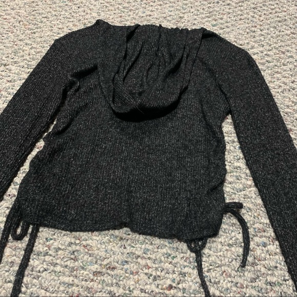 Ribbed charcoal hooded ruched side tie top - Picture 3 of 5